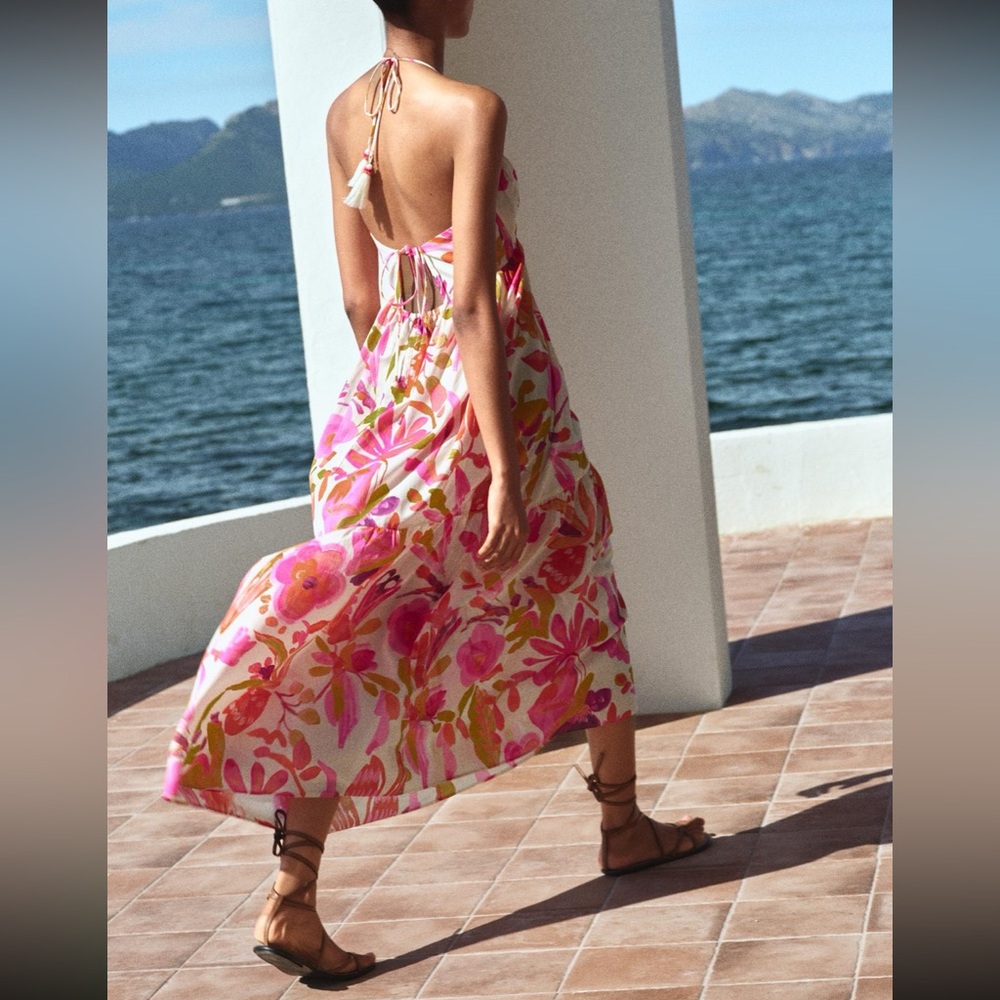 Zara limited edition bohemian print backless beads midi dress